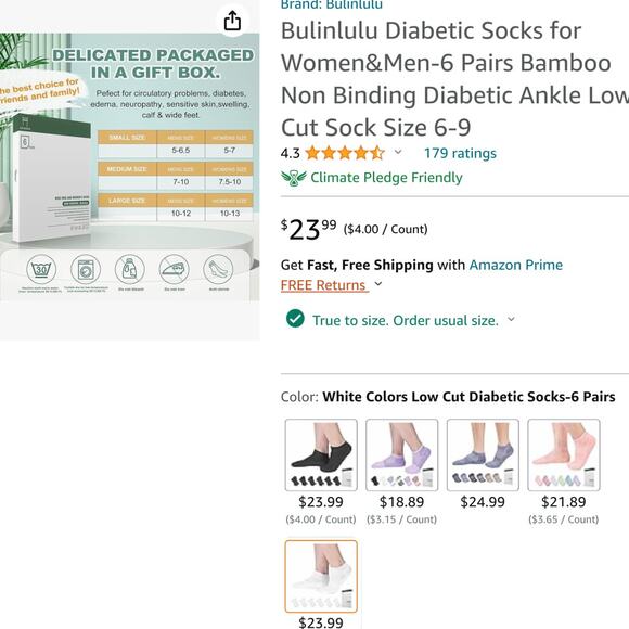 2 Pkgs x 6 Bulinlulu Diabetic Non Binding Low Cut White Socks Unisex Size Large - Picture 6 of 10